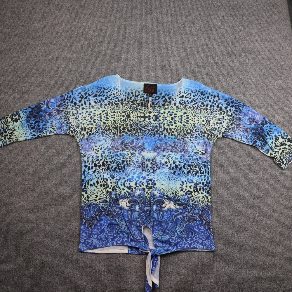 French Blue Shirt Womens Small Blue Animal Print Tie Front 3/4 Sleeve Rhinestone